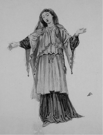 Illustration of Cordelia. SHe has long hair in braids. She wears a scarf over her head and a flowing dress