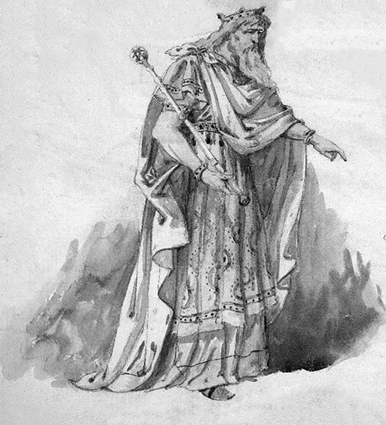 Artist's illustration of King Lear. He is in fine robes, wearing a crown and holding a sceptre. He is hunched.