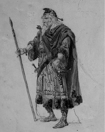 Illustration of King Lear. He is dressed for hunting, but still in regal robes. He has a spear in his hand and dagger on his waist.